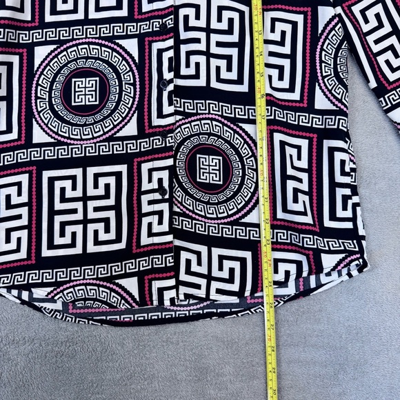 Fashion Nova Woman’s Black, White, Red Geometric Button Up Dress Shirt - Picture 6 of 11